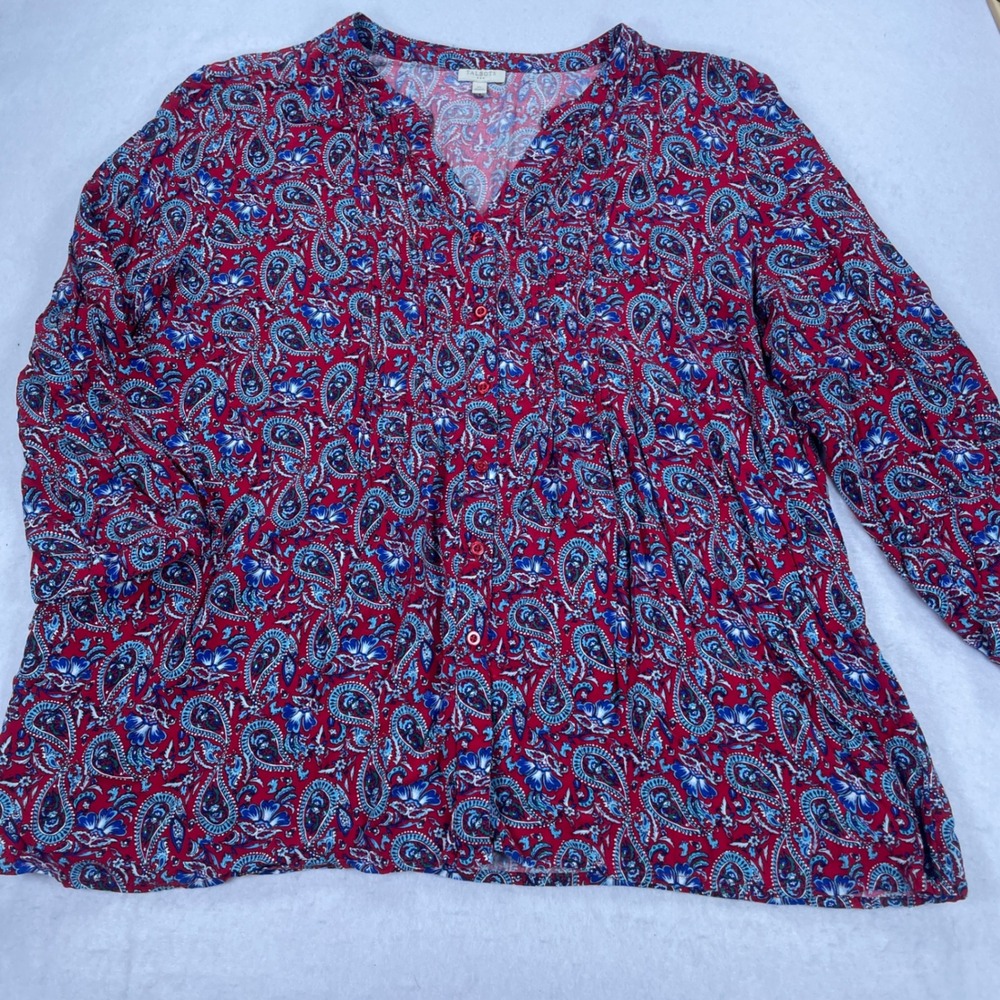 Talbots Red Paisley Pintuck Button Front Blouse 3/4 Sleeve Rayon Top Size L
